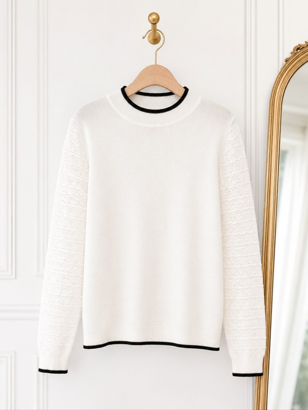 Carolyn Taylor White Contrast Trim Lightweight Knit Sweater XL | Textured Sleeve - Picture 5 of 8
